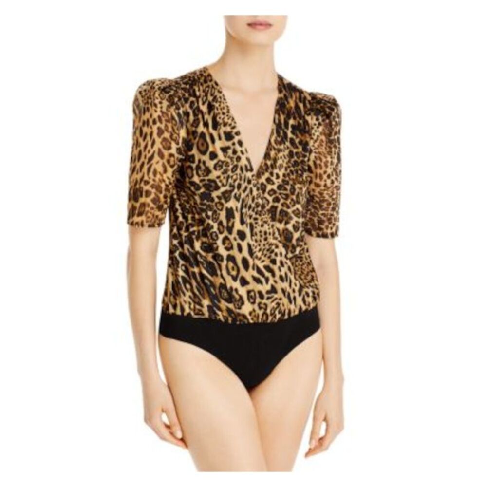 LINI Womens Black Metallic Short Sleeve Surplice Neckline Body Suit Top M